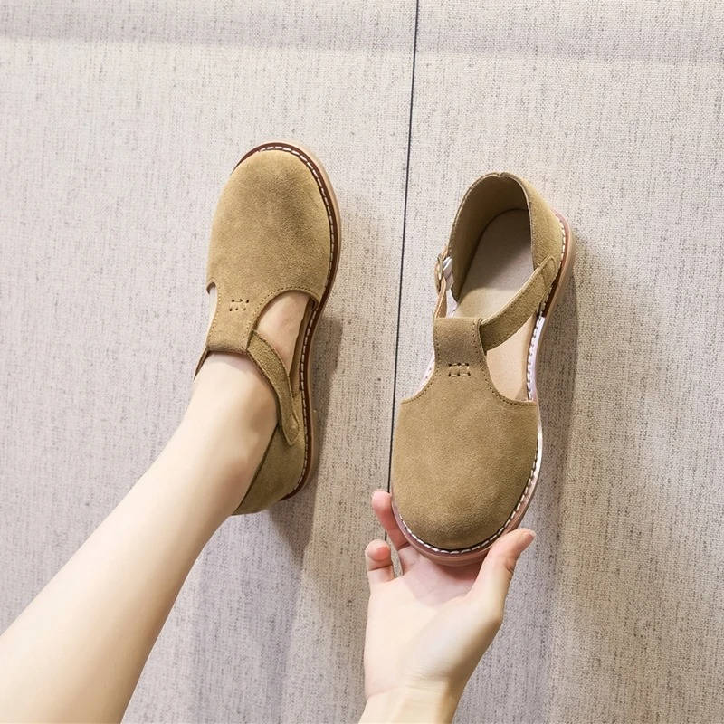 Darcy | Suede T-Bar Cutout Buckle Orthopedic Flats with Rubber Sole