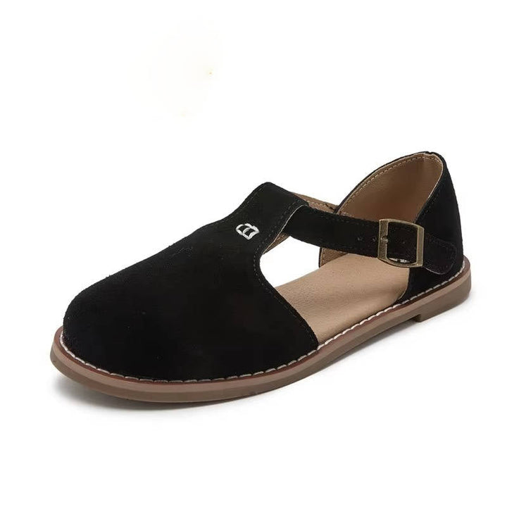 Darcy | Suede T-Bar Cutout Buckle Orthopedic Flats with Rubber Sole