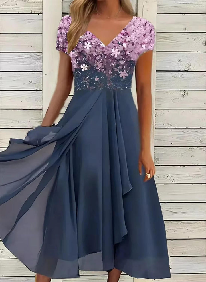 Celestine | Floral Ombre V-Neck Chiffon Midi Cocktail Dress