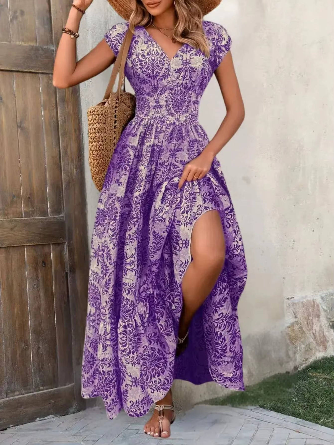 Aurelia | Damask Print Sweetheart Smocked Boho Dress with Cap Sleeves
