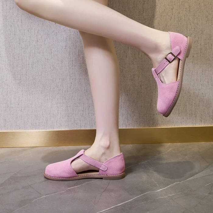 Darcy | Suede T-Bar Cutout Buckle Orthopedic Flats with Rubber Sole