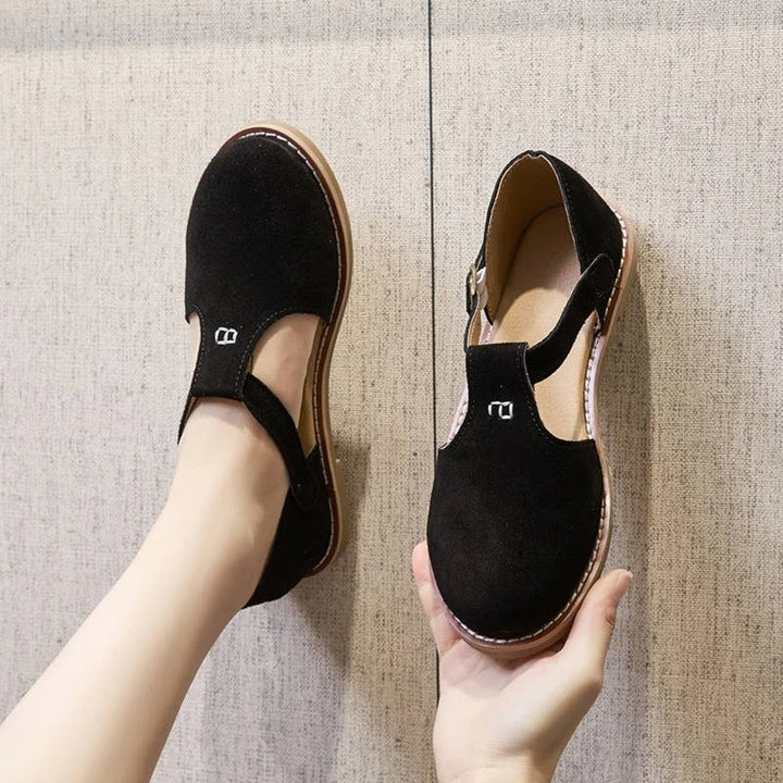 Darcy | Suede T-Bar Cutout Buckle Orthopedic Flats with Rubber Sole