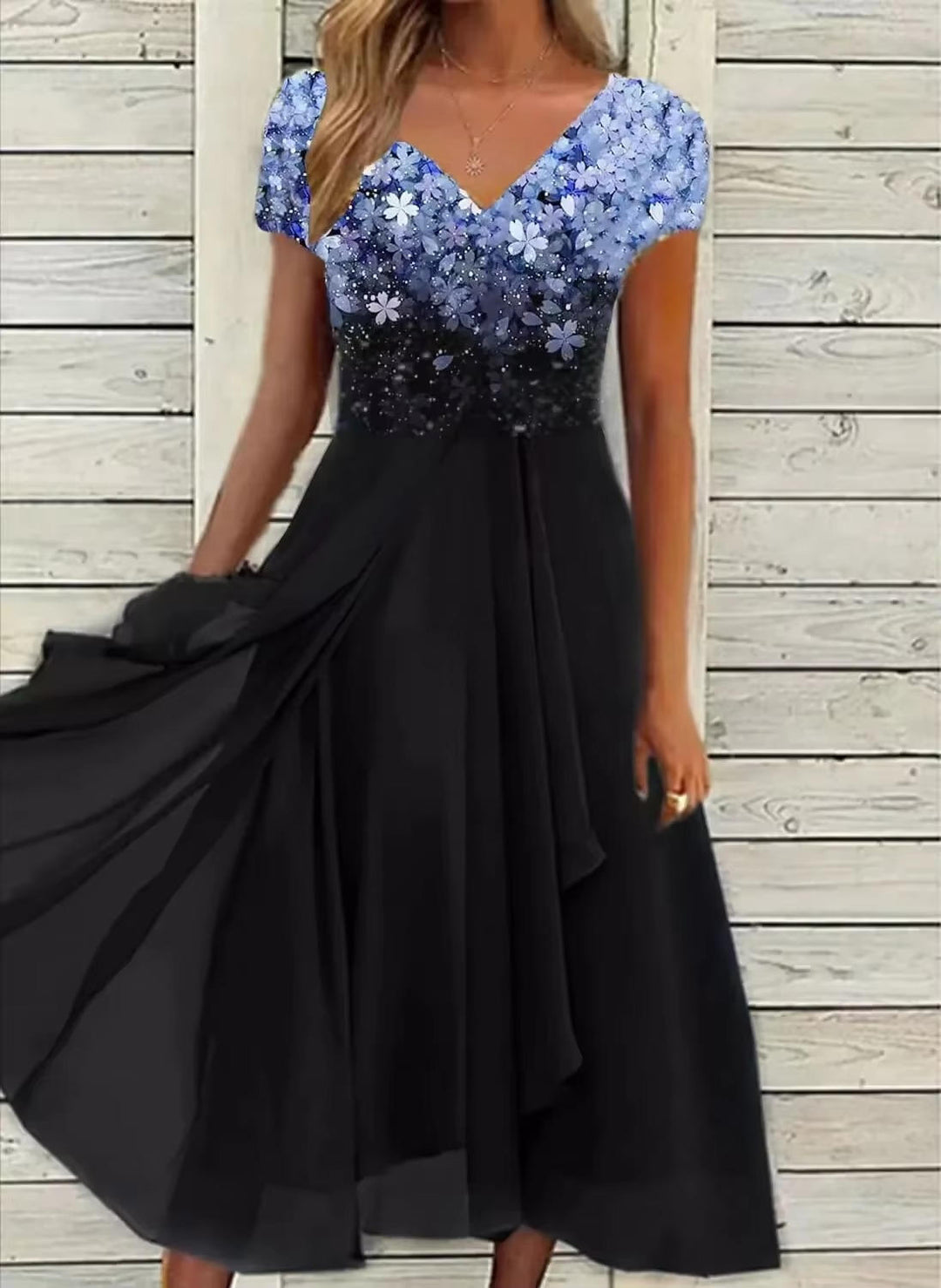 Celestine | Floral Ombre V-Neck Chiffon Midi Cocktail Dress