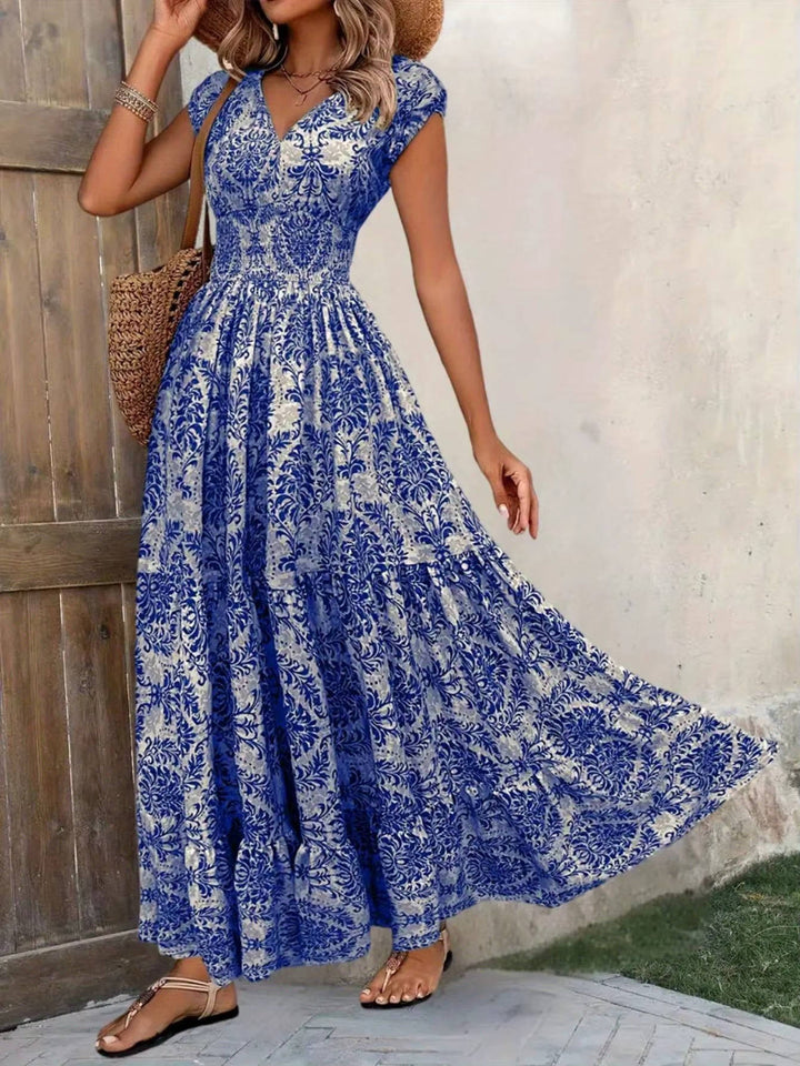 Aurelia | Damask Print Sweetheart Smocked Boho Dress with Cap Sleeves