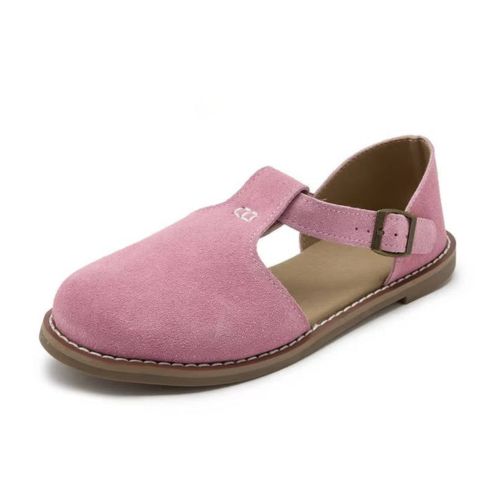 Darcy | Suede T-Bar Cutout Buckle Orthopedic Flats with Rubber Sole