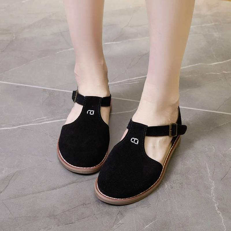 Darcy | Suede T-Bar Cutout Buckle Orthopedic Flats with Rubber Sole