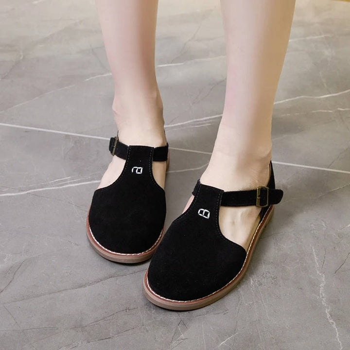 Darcy | Suede T-Bar Cutout Buckle Orthopedic Flats with Rubber Sole