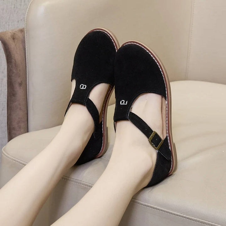 Darcy | Suede T-Bar Cutout Buckle Orthopedic Flats with Rubber Sole