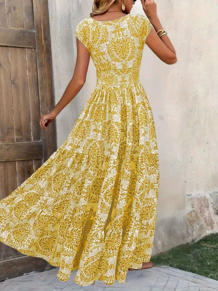 Aurelia | Damask Print Sweetheart Smocked Boho Dress with Cap Sleeves