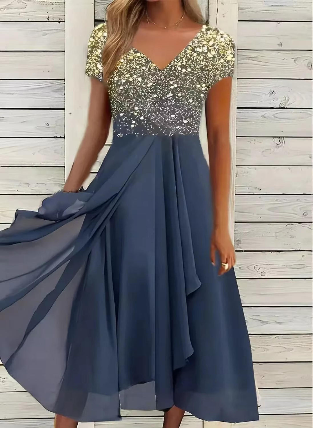 Celestine | Floral Ombre V-Neck Chiffon Midi Cocktail Dress