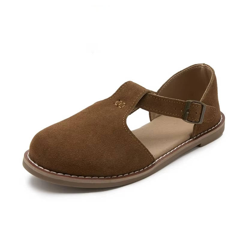Darcy | Suede T-Bar Cutout Buckle Orthopedic Flats with Rubber Sole