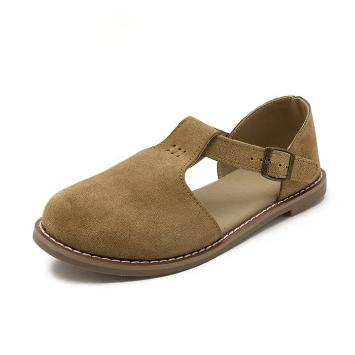 Darcy | Suede T-Bar Cutout Buckle Orthopedic Flats with Rubber Sole