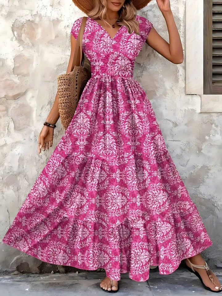 Aurelia | Damask Print Sweetheart Smocked Boho Dress with Cap Sleeves