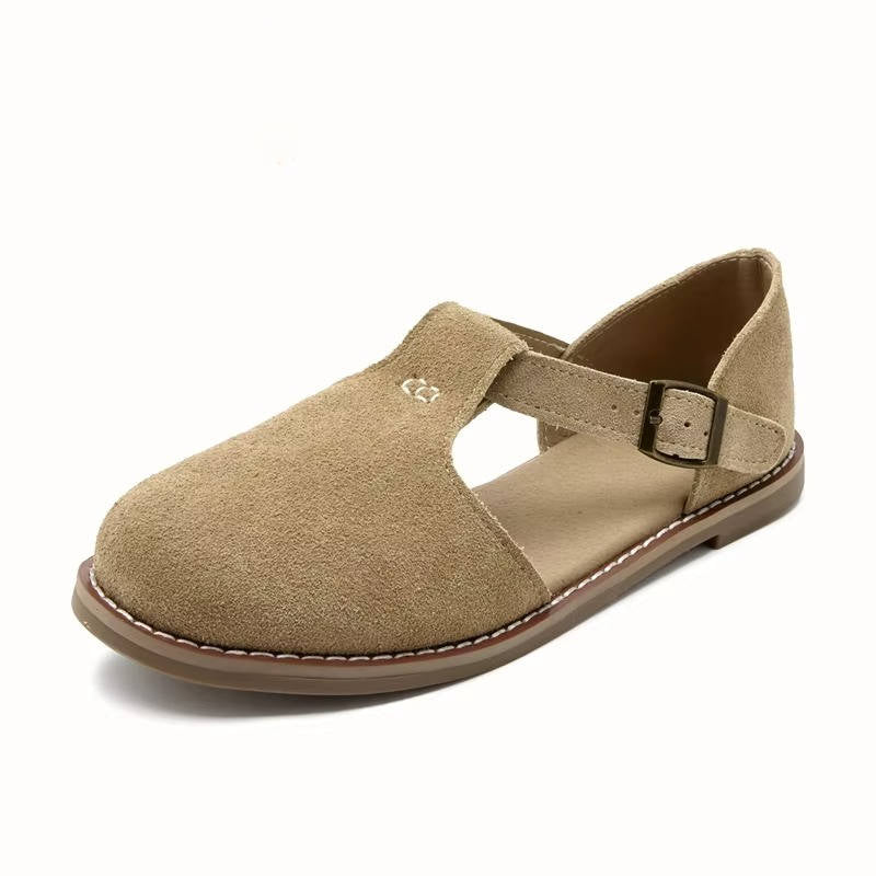 Darcy | Suede T-Bar Cutout Buckle Orthopedic Flats with Rubber Sole