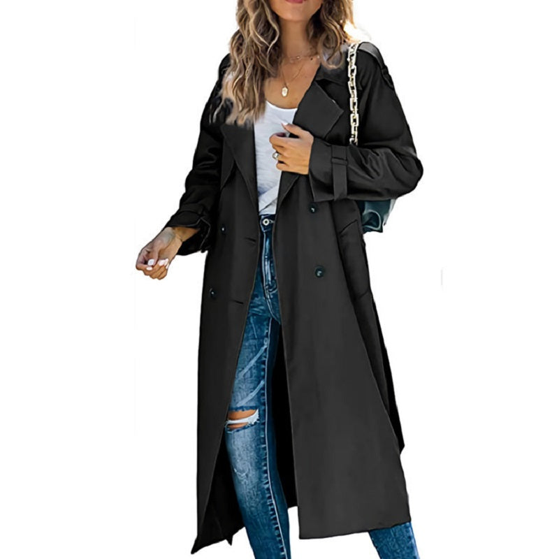 Marisela | Women's Double-Breasted Long Waterproof Coat – Belted Notch Lapel