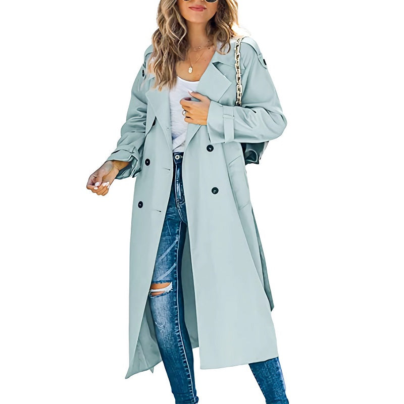 Marisela | Women's Double-Breasted Long Waterproof Coat – Belted Notch Lapel