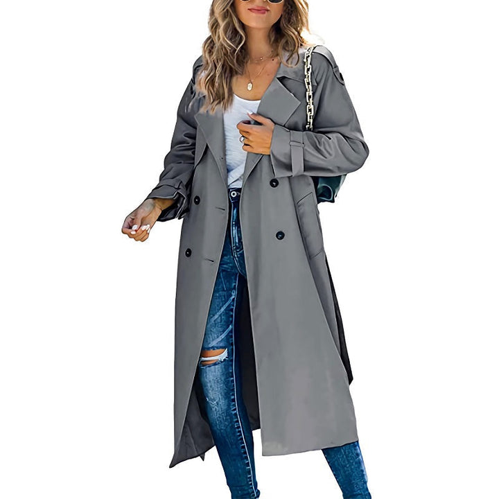 Marisela | Women's Double-Breasted Long Waterproof Coat – Belted Notch Lapel
