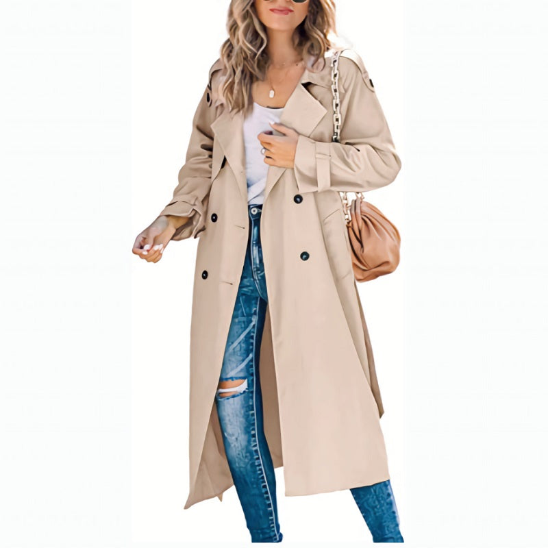 Marisela | Women's Double-Breasted Long Waterproof Coat – Belted Notch Lapel