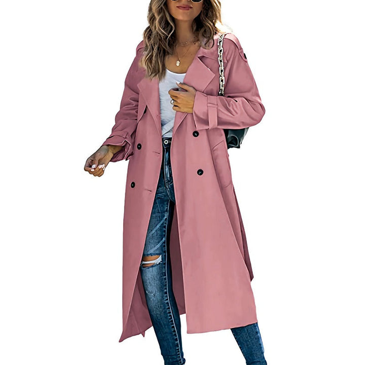 Marisela | Women's Double-Breasted Long Waterproof Coat – Belted Notch Lapel