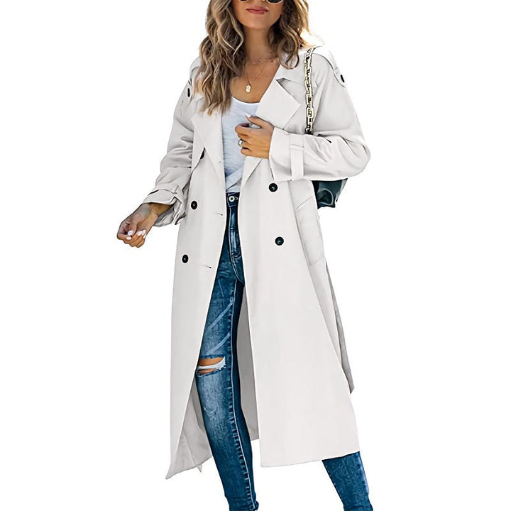 Marisela | Women's Double-Breasted Long Waterproof Coat – Belted Notch Lapel