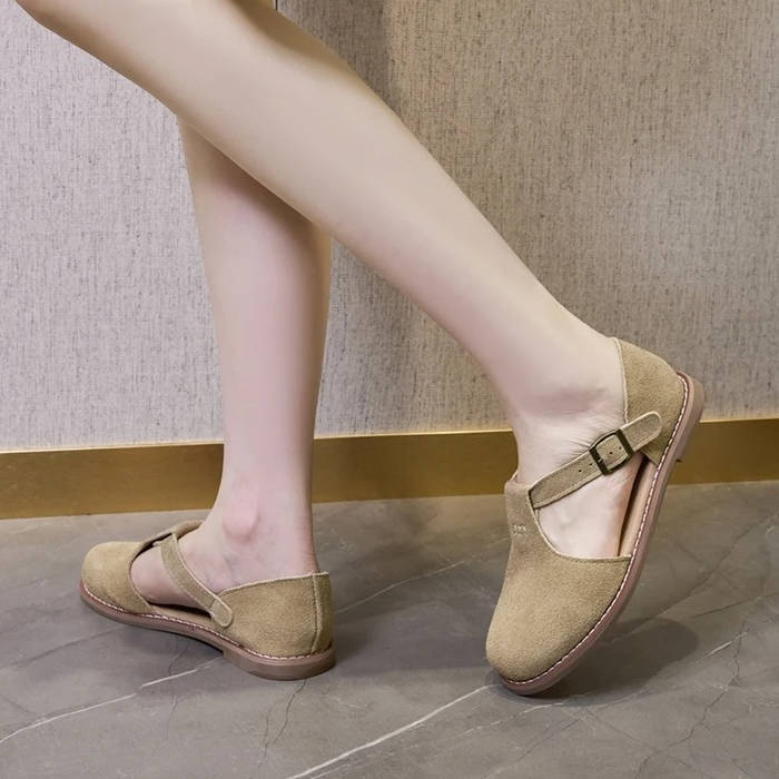 Darcy | Suede T-Bar Cutout Buckle Orthopedic Flats with Rubber Sole