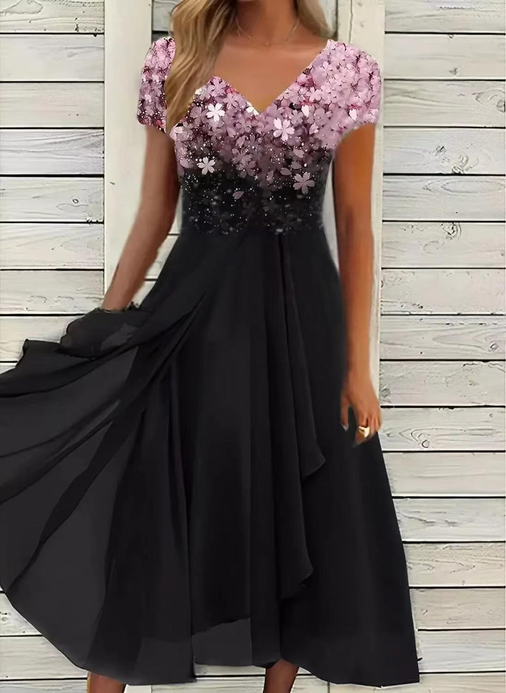 Celestine | Floral Ombre V-Neck Chiffon Midi Cocktail Dress
