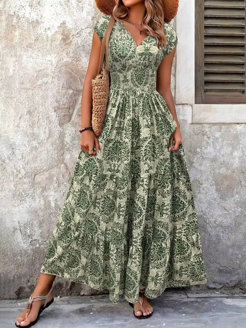 Aurelia | Damask Print Sweetheart Smocked Boho Dress with Cap Sleeves