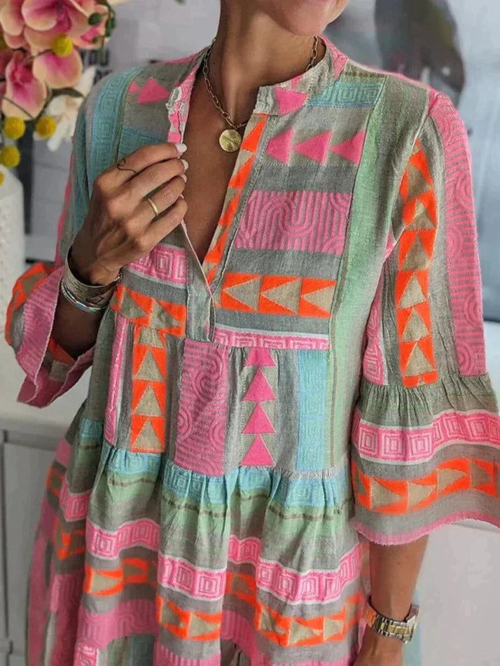 Tallulah | Aztec Print Tiered Flare Sleeve Boho Dress with Notch Neck