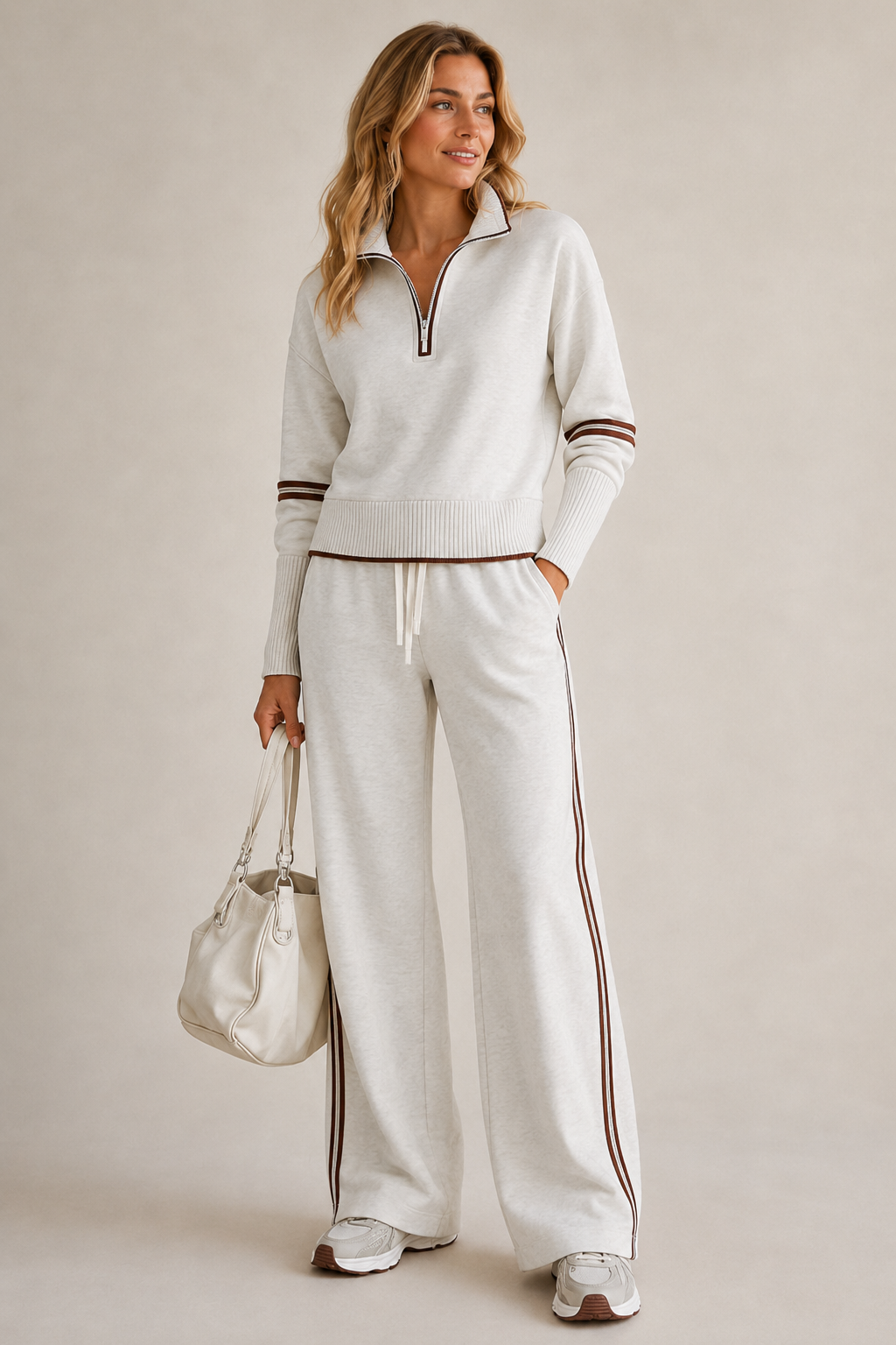 Solenne | Women's Tracksuit – Half-Zip Sweater & Wide-Leg Trousers Two-Piece Set