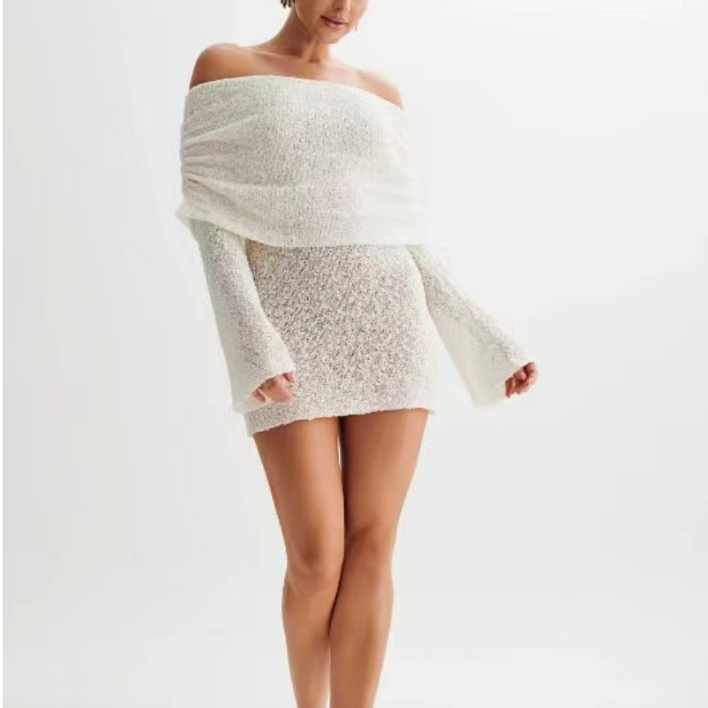Margot | Boucle Knit Long Sleeve Off Shoulder Dress