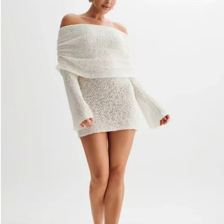 Margot | Boucle Knit Long Sleeve Off Shoulder Dress