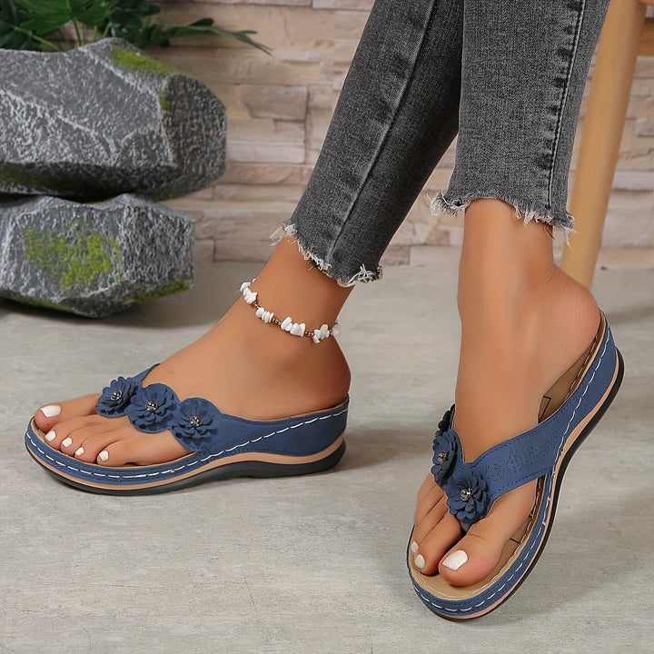 Fiora | Floral Embellished Wedge Sandals with Toe Loop