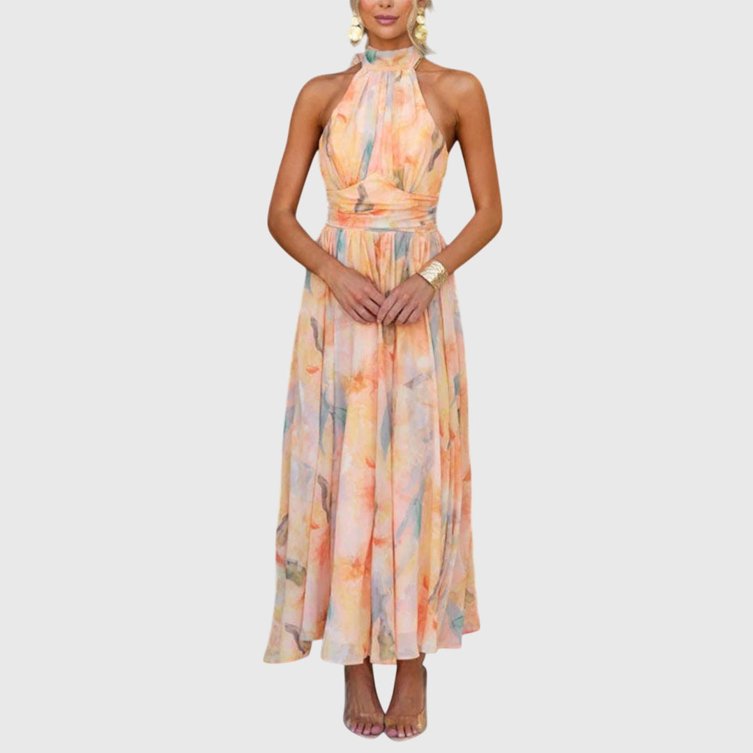 Soleil | Watercolour Floral Wrap Halter Neck Maxi Dress in Chiffon