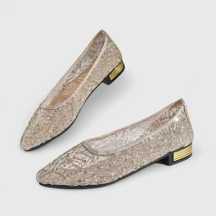 Glinda | Metallic Lace Pointed Toe Orthopedic Flats with Gold Heel