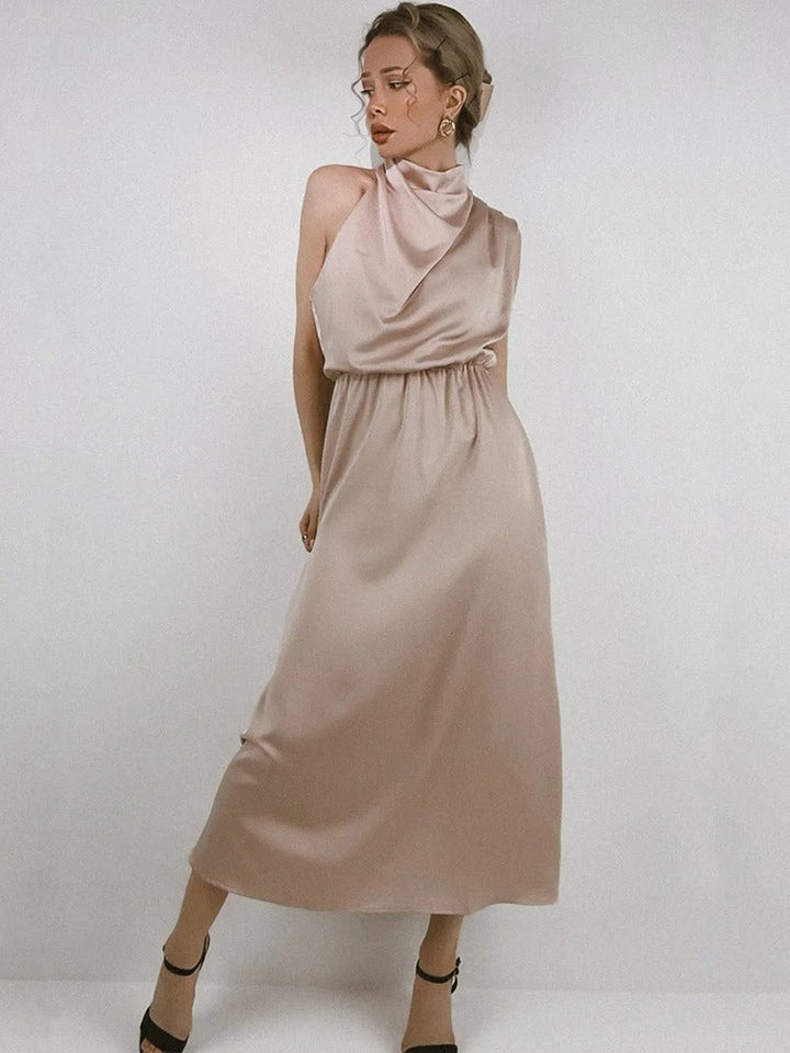 Vivara | Cowl Twist Blouson Halter Neck Maxi Dress in Satin