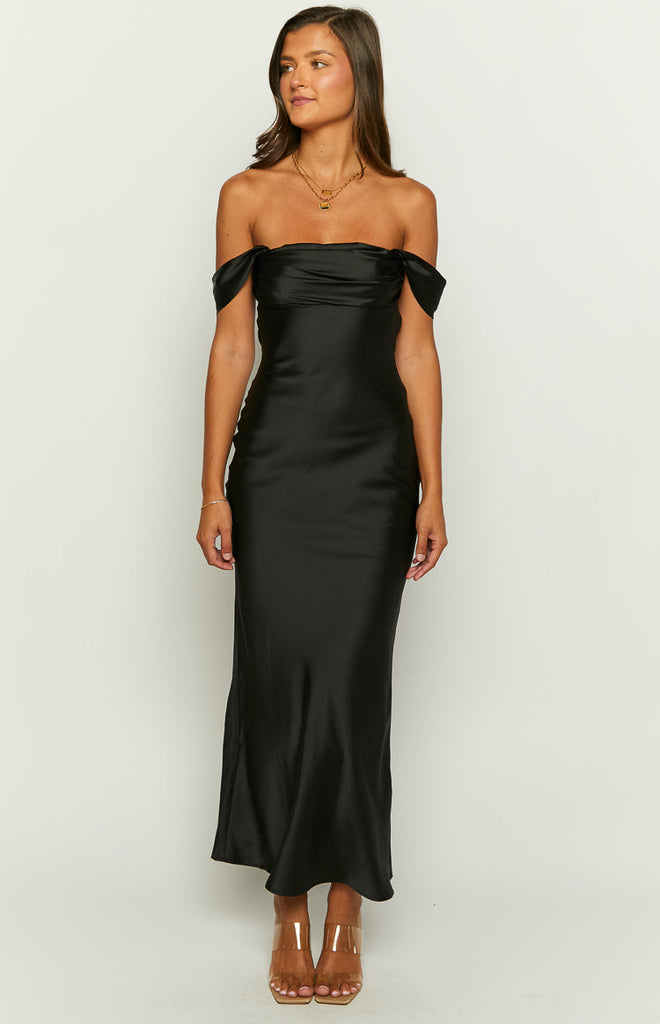 Monroe | Twist Front Satin Off Shoulder Dress