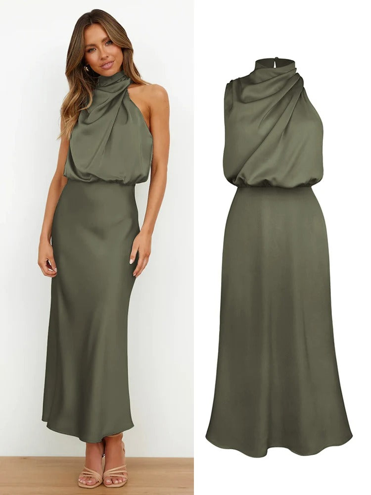 Vivara | Cowl Twist Blouson Halter Neck Maxi Dress in Satin