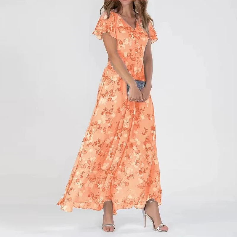 Florentine | Women's V-Neck Floral Maxi Dress with Ruffle Sleeve Detail