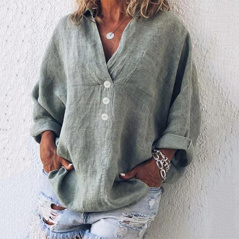 Marlowe | V-Neck Button-Front Relaxed Linen Blouse