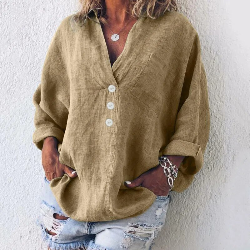 Marlowe | V-Neck Button-Front Relaxed Linen Blouse