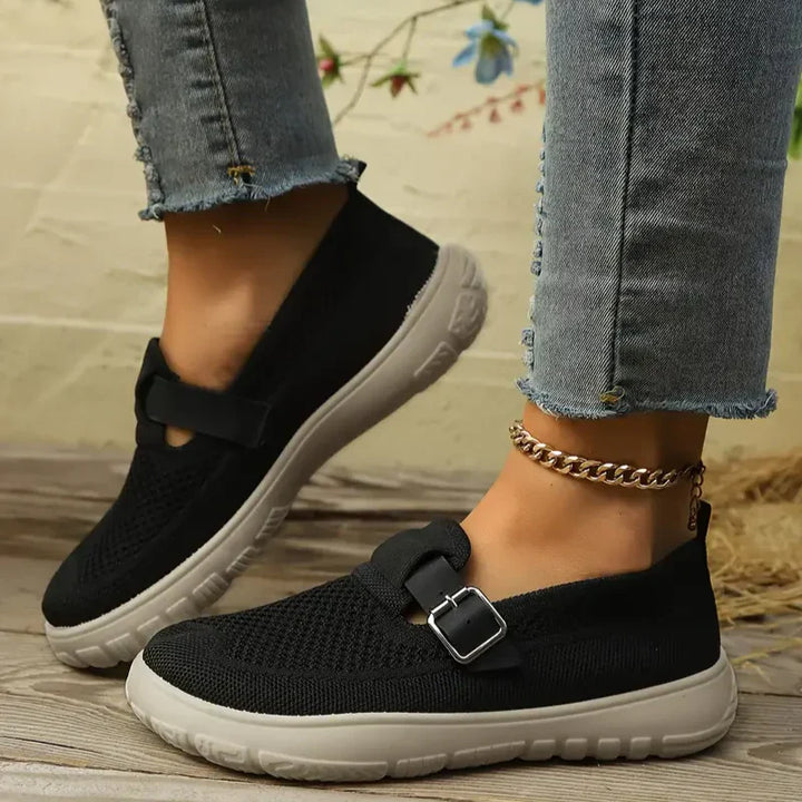 Breezy | Mesh Knit Buckle Strap Womens Sneakers