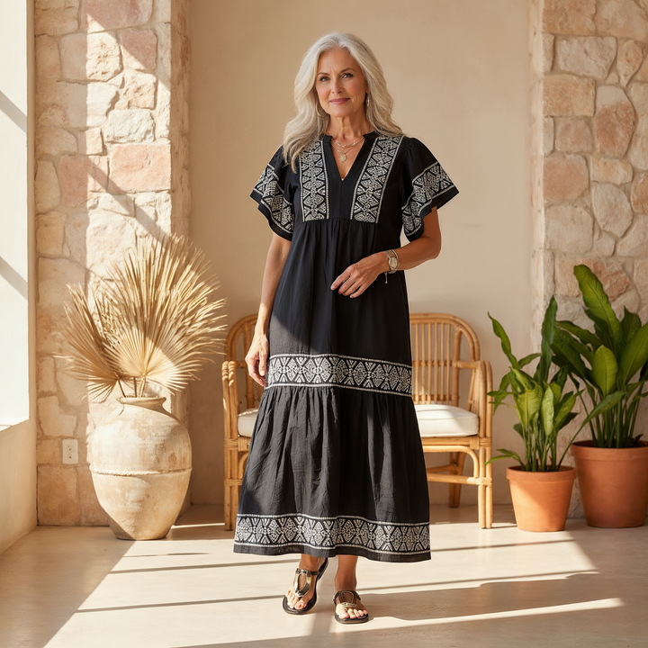 Zara | Geometric Embroidered Tiered Boho Dress with Flutter Sleeves