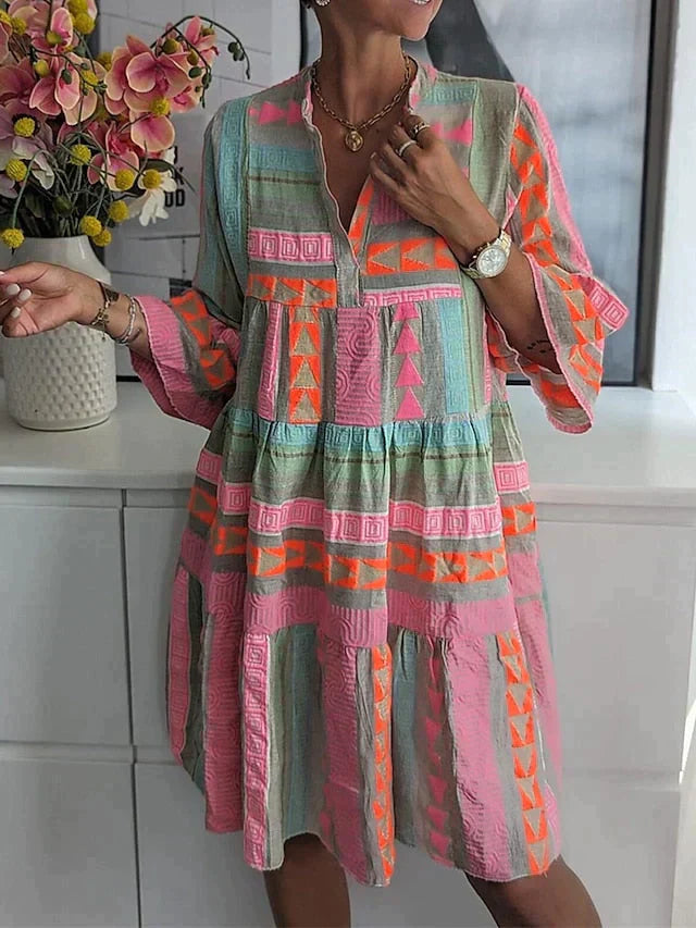 Tallulah | Aztec Print Tiered Flare Sleeve Boho Dress with Notch Neck