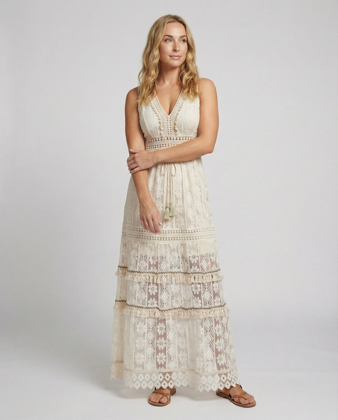 Seraphine | Tiered Lace Tassel V-Neck Boho Dress with Crochet Waist
