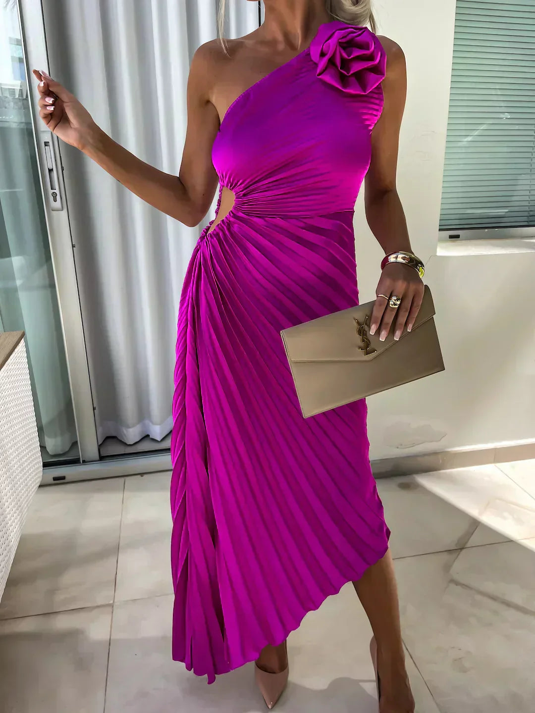 Rosalind | One Shoulder Womens Pleated Midi Dress with Rosette