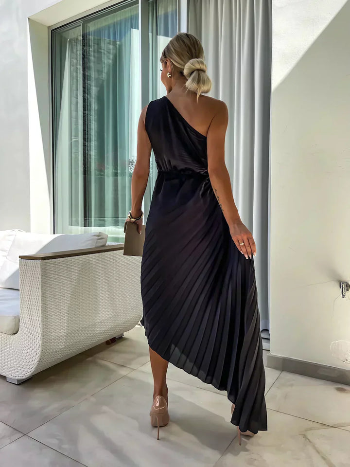 Rosalind | One Shoulder Womens Pleated Midi Dress with Rosette