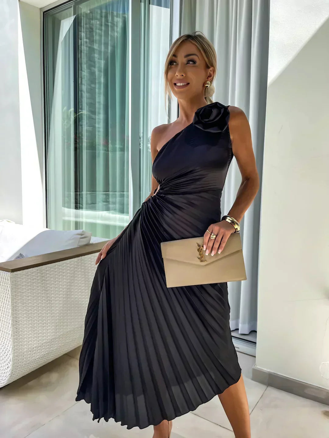 Rosalind | One Shoulder Womens Pleated Midi Dress with Rosette