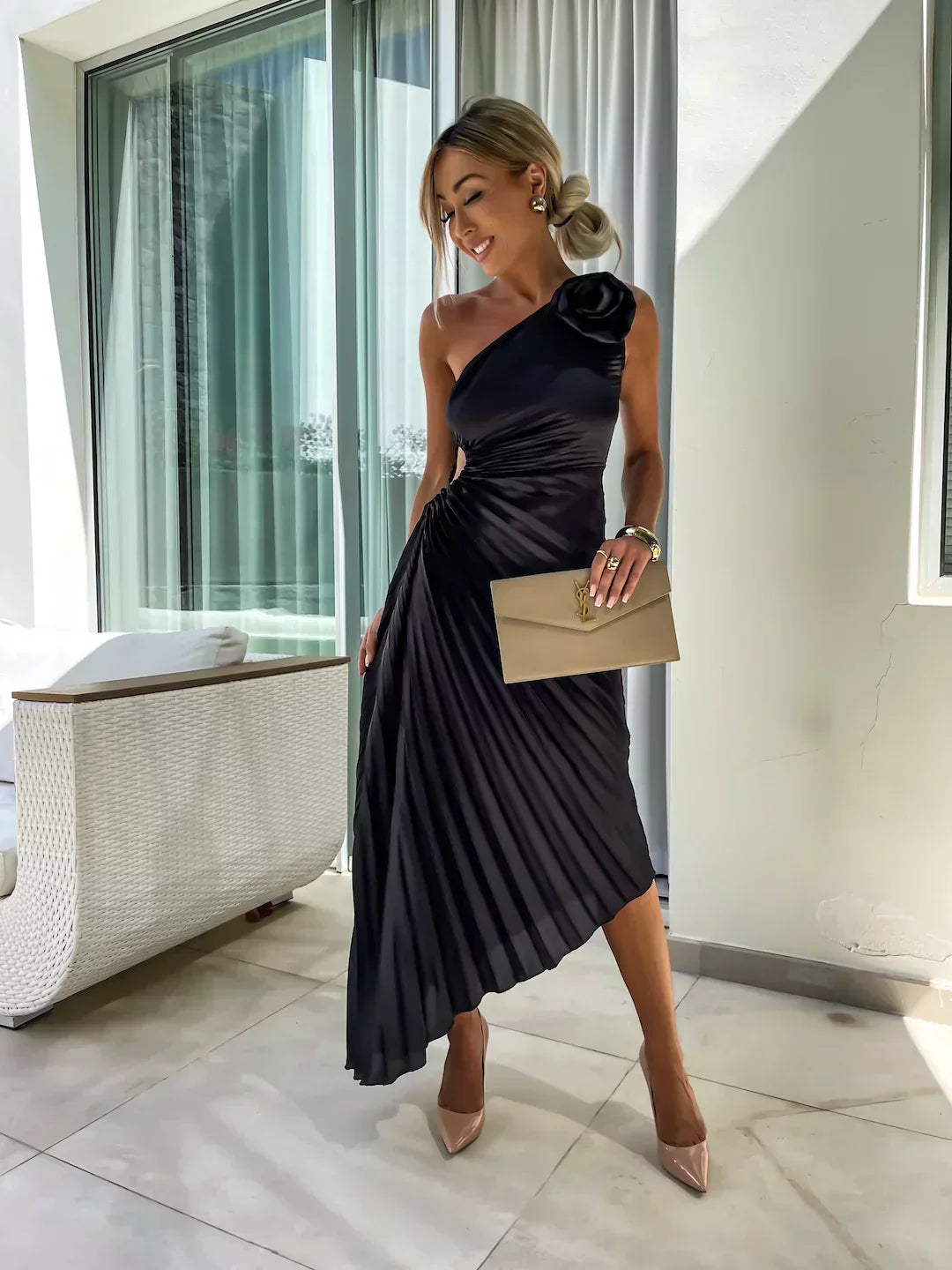 Rosalind | One Shoulder Womens Pleated Midi Dress with Rosette