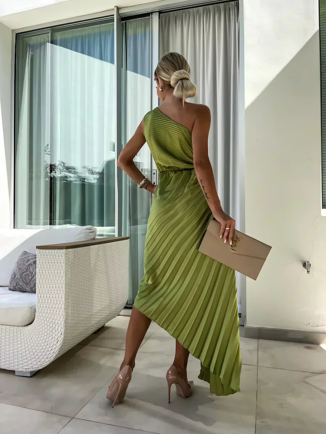 Rosalind | One Shoulder Womens Pleated Midi Dress with Rosette