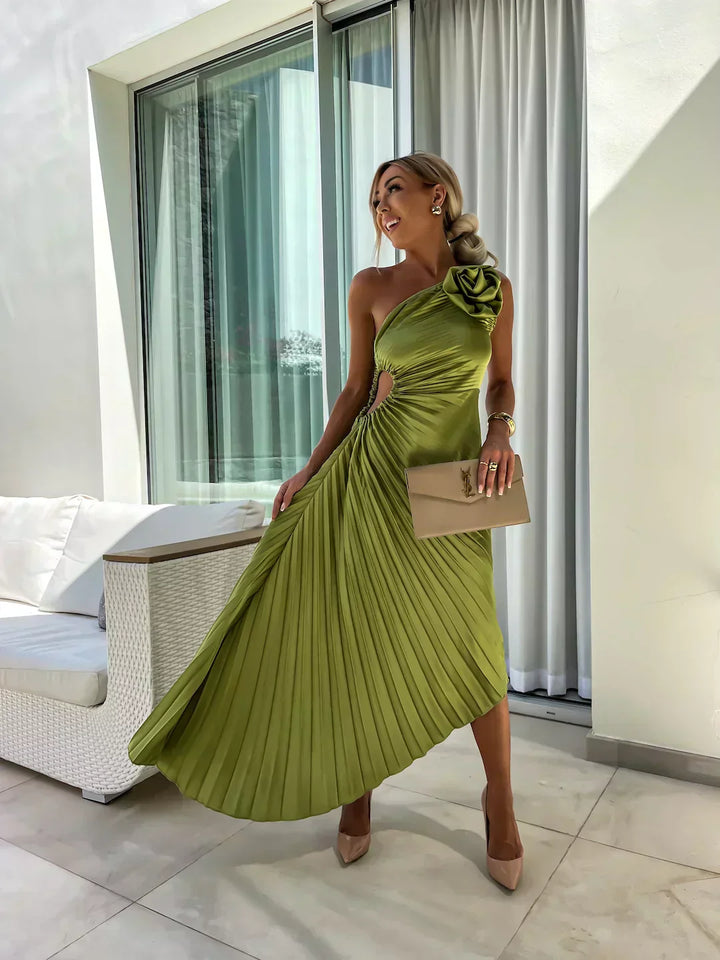 Rosalind | One Shoulder Womens Pleated Midi Dress with Rosette